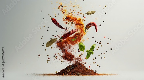 Spices and herbs on white background. Horizontal banner for menu layout. Levitating spices, spice collection, spice powder, seasoning pile, spice whirl, studio shot, flying ingredients.