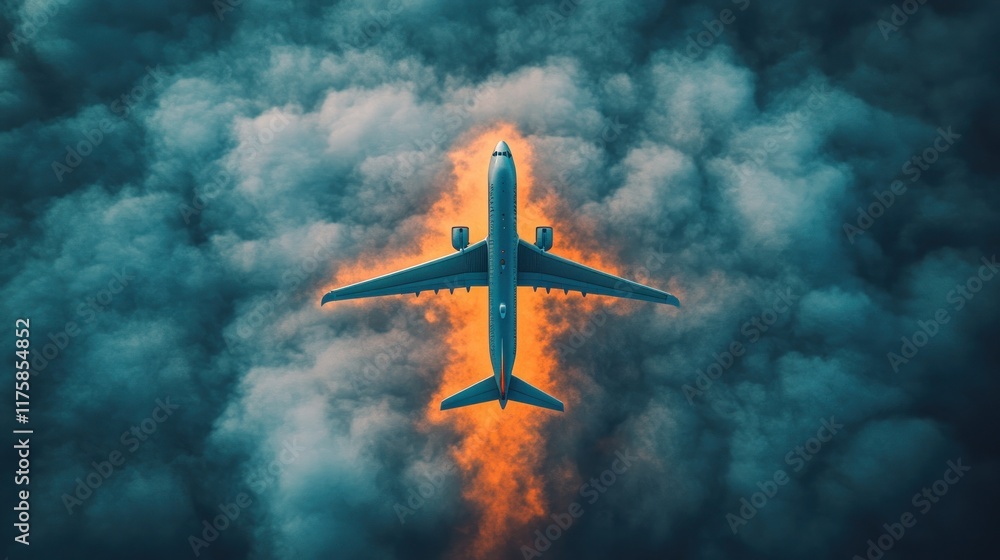 Fototapeta premium Airplane engulfed in dark smoke and fire.