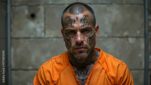 Portrait of a tattooed criminal in an orange prison uniform staring intently - Generative AI photo