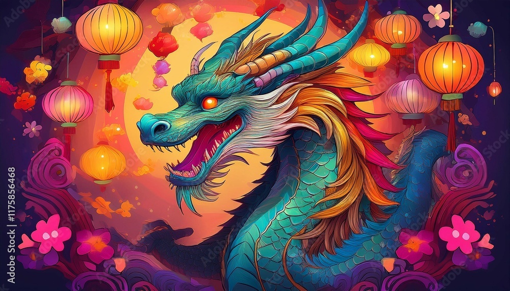 whimsical dragon illustration with vibrant colors and lanterns whimsical dragon illustration with vibrant colors and lanterns