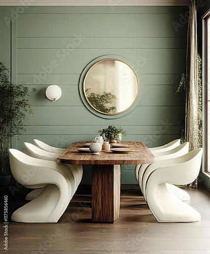 Elegant dining room, sage green walls, vertical striped wallpaper, round gold mirror, wooden dining table, curved white chairs, minimalist decor, potted plant, soft natural lighting, warm tones, Scand photo