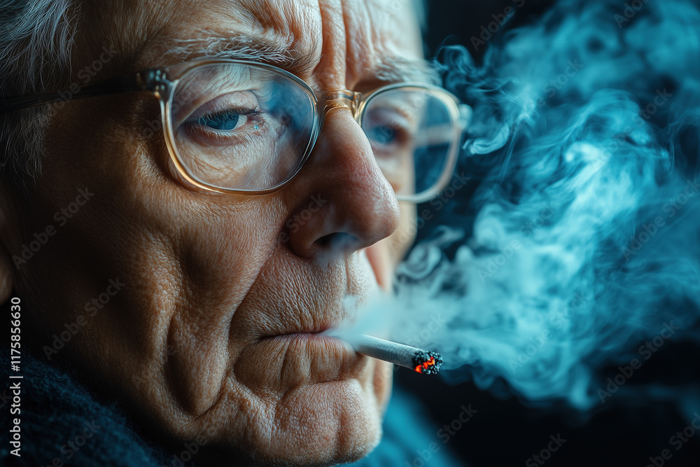 Fototapeta premium A wrinkled man smoking a cigarette, symbolizing age, habit, and life experience