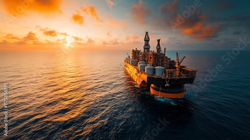 Massive offshore floating production storage and offloading FPSO unit operating in calm azure ocean under a vibrant golden sunset sky  Robust industrial design with sleek functional aesthetic photo