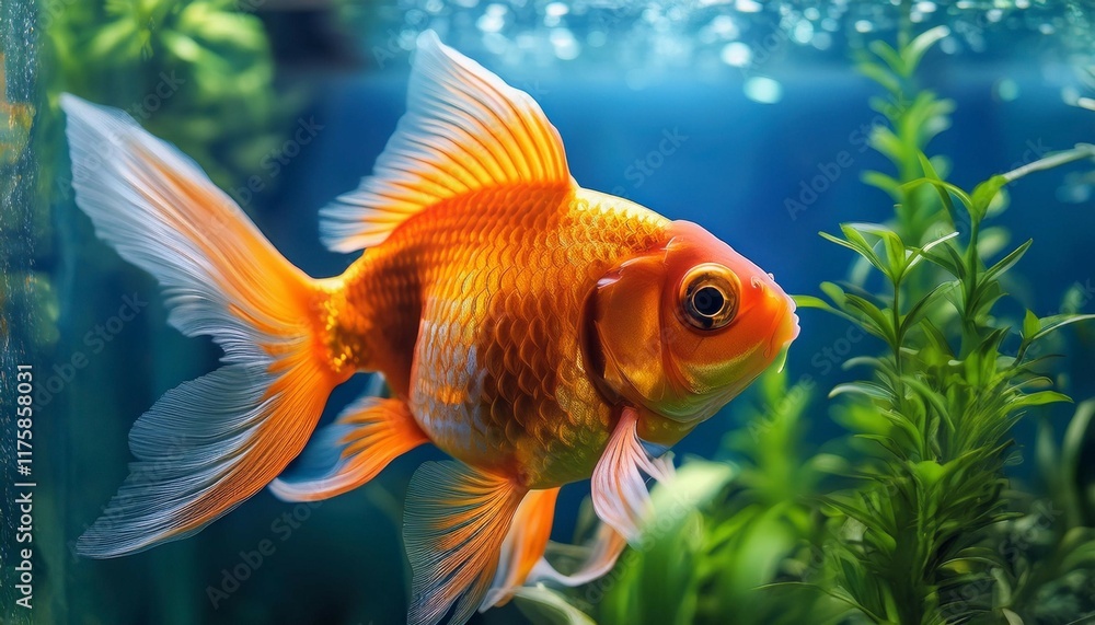 closeup of a vibrant goldfish swimming gracefully in an aquarium filled with underwater plants and scenery tropical freshwater fish in a captive habitat closeup of a vibrant goldfish swimming gracefully in an aquarium filled with underwater plants and scenery tropical freshwater fish in a captive habitat