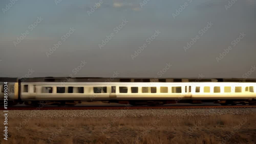 Across expansive plains, a modern train moves gracefully along the tracks, bathed in the warm glow of the sunset. Nature and technology blend harmoniously in this serene moment Across expansive plains, a modern train moves gracefully along the tracks, bathed in the warm glow of the sunset. Nature and technology blend harmoniously in this serene moment