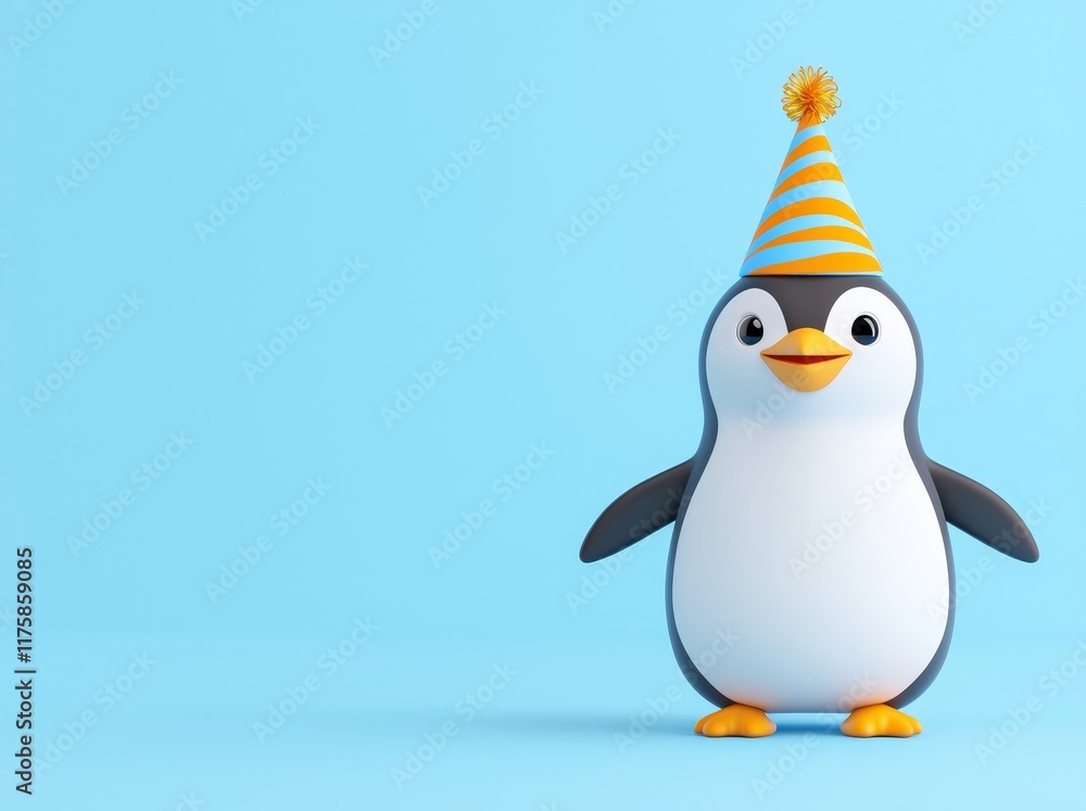 Obraz premium Cheerful Cartoon Penguin Donning a Birthday Hat, Includes Space for Copy (Stock).