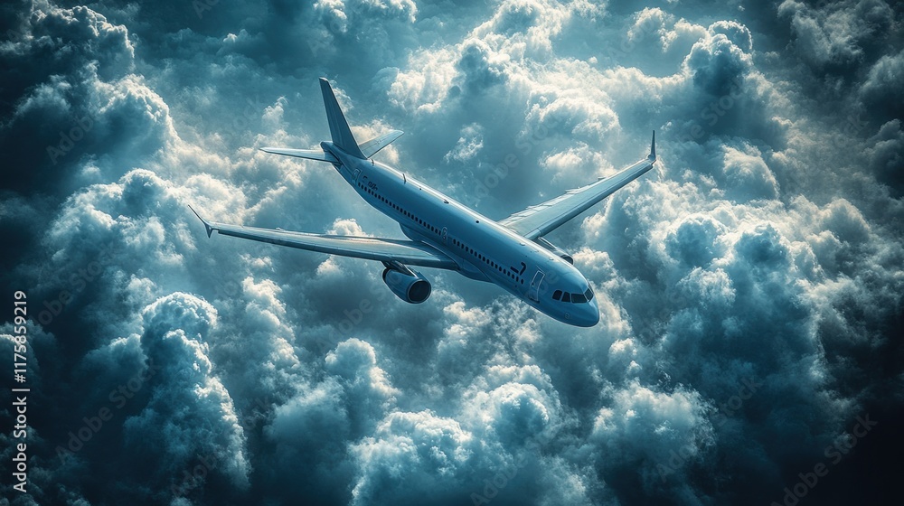 Naklejka premium Airplane flying above dramatic clouds at night.