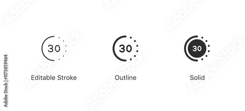 30 second icon timer clock sign. countdown icon , Time passage icon. deadline symbol. EDITABLE STROKE ICON. outline and filled web icons vector sign