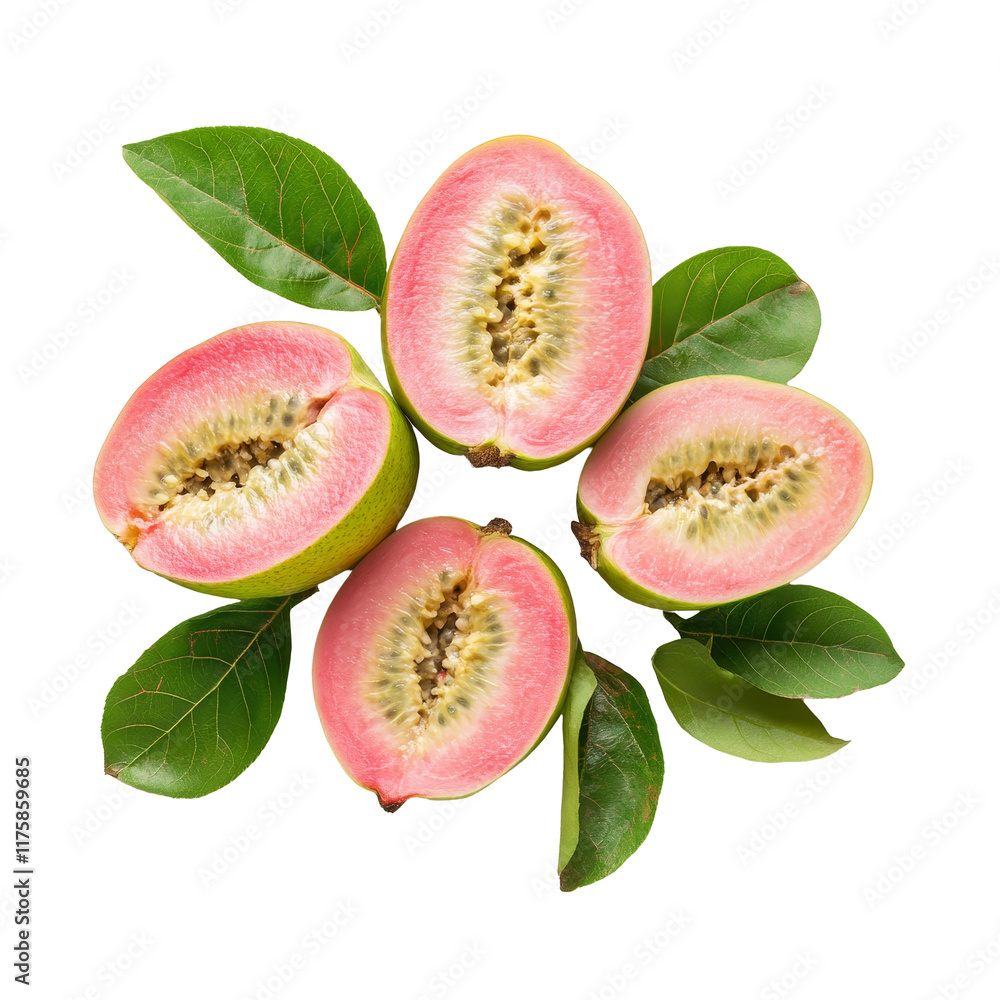 Freshly sliced guava halves surrounded by green leaves on a seamless transparent background for culinary inspiration, fresh guava on transparent background Freshly sliced guava halves surrounded by green leaves on a seamless transparent background for culinary inspiration, fresh guava on transparent background