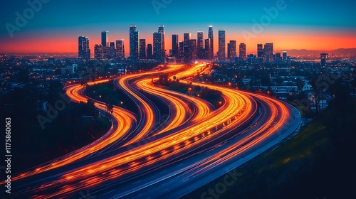 Los Angeles city skyline at sunrise, freeway traffic trails.