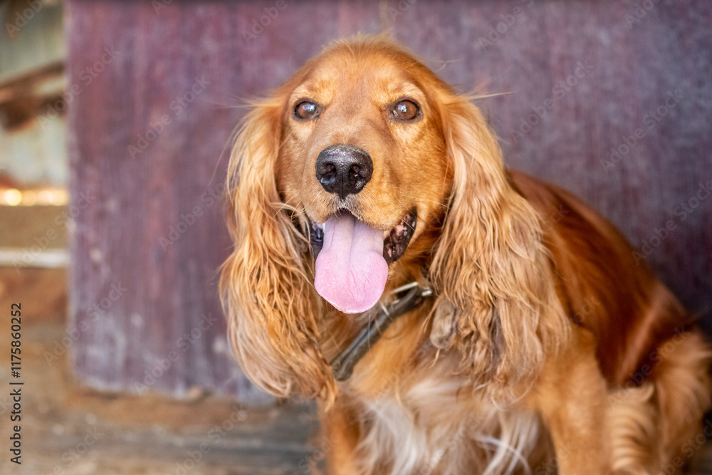 brown cocker spaniel dog with collar close-up on the farm brown cocker spaniel dog with collar close-up on the farm