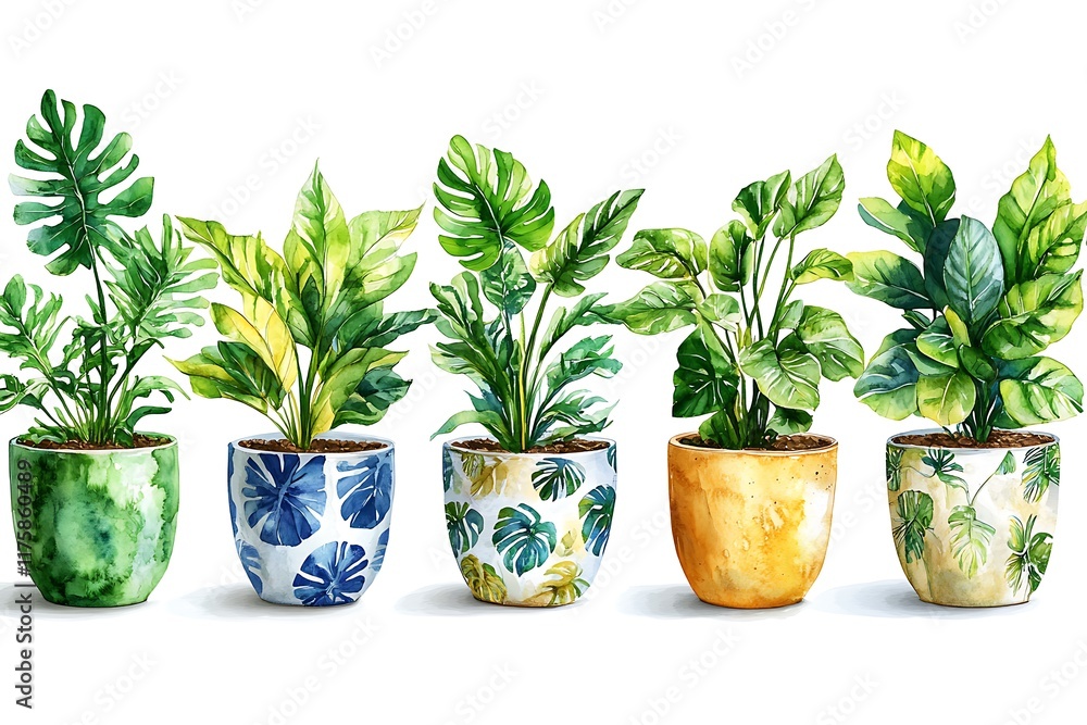 Obraz premium Five potted tropical plants with patterned pots