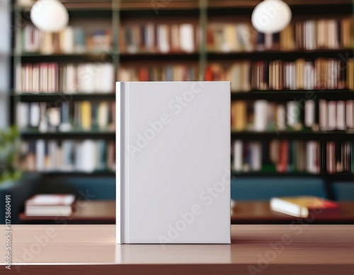 white book with blank cover standing on table in bookstore blurred shelves on backdrop mock up