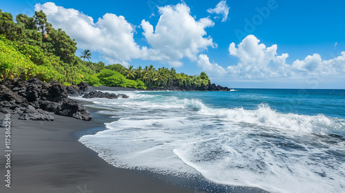 Gentle waves crashing against black volcanic rocks on a secluded beach