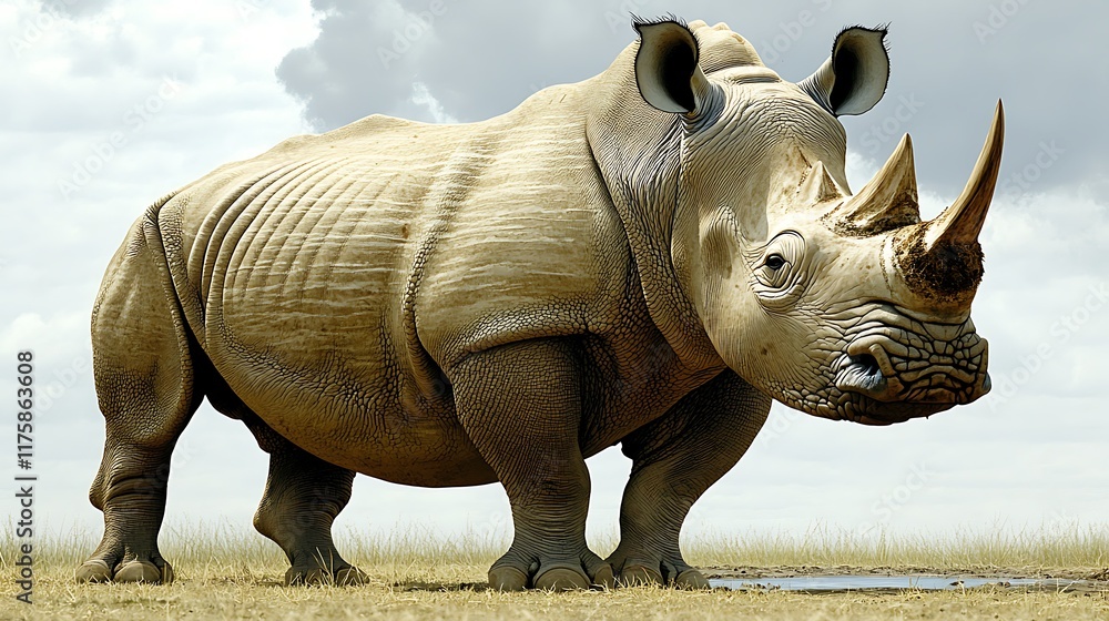 Obraz premium Large, imposing white rhinoceros stands majestically in open savanna landscape.