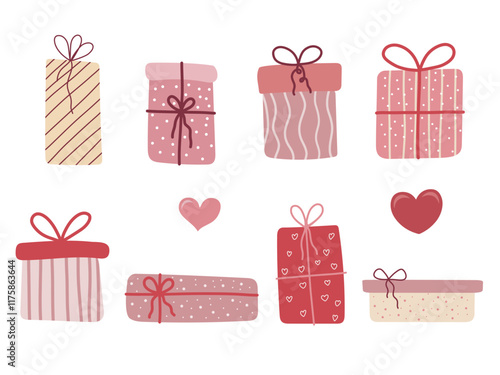 Set of cute hand-drawn gift boxes with hearts and bows in pink and red tones. For Valentine's Day