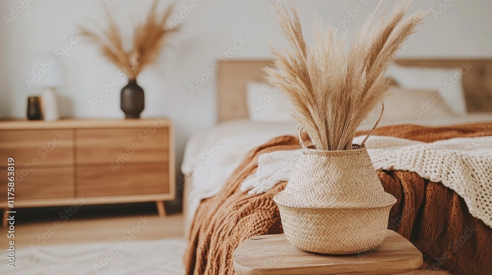 Fototapeta premium Cozy bedroom with pampas grass in a woven basket on a wooden side table.
