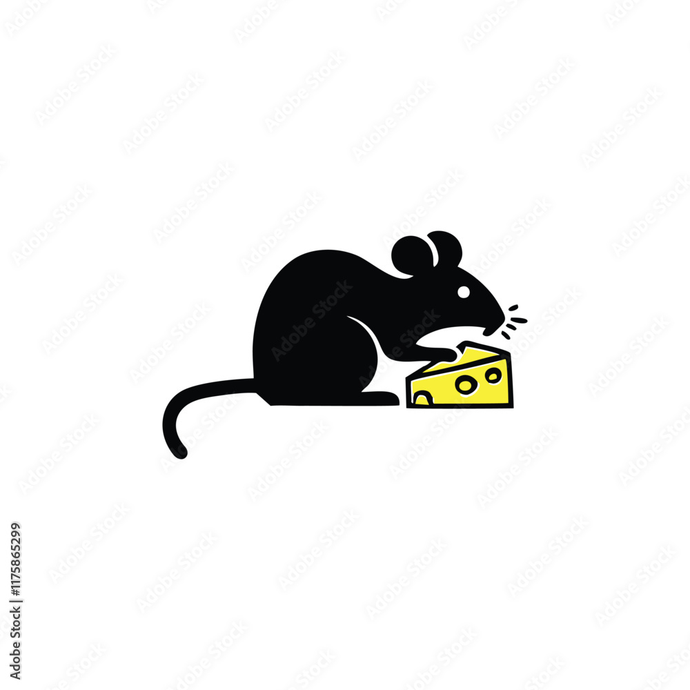 Simple logo of mouse silhouette eating cheese Simple logo of mouse silhouette eating cheese