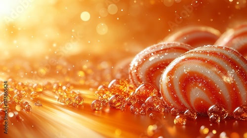 Close-up of three spiral candies with amber beads, on a warm golden background. photo