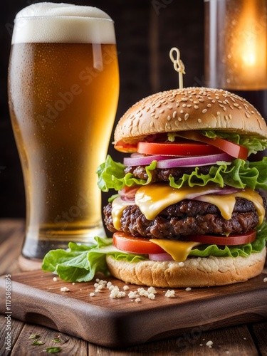 Delicious gourmet burger featuring sesame seed bun, fresh greens, tomatoes, onions, and cheese, with a refreshing pint of beer, great for casual dining and food photography.