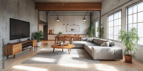 Wallpaper Mural Modern open concept living room, industrial loft apartment, exposed concrete ceiling, large windows, natural light, wooden floors, gray sectional sofa, wooden coffee table, minimalist TV unit, indoor  Torontodigital.ca