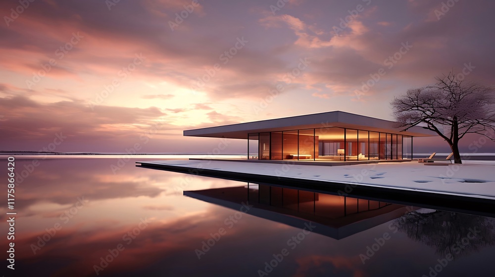 Modern house on lake at sunset, snow on ground, reflection in water. Modern house on lake at sunset, snow on ground, reflection in water.