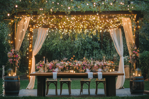 A garden party setup with a floral canopy, string lights, and a table decorated with blooming arrangements photo