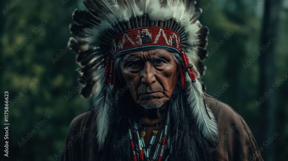 Elder warrior with traditional feather headdress and beads. Cultural heritage concept Elder warrior with traditional feather headdress and beads. Cultural heritage concept