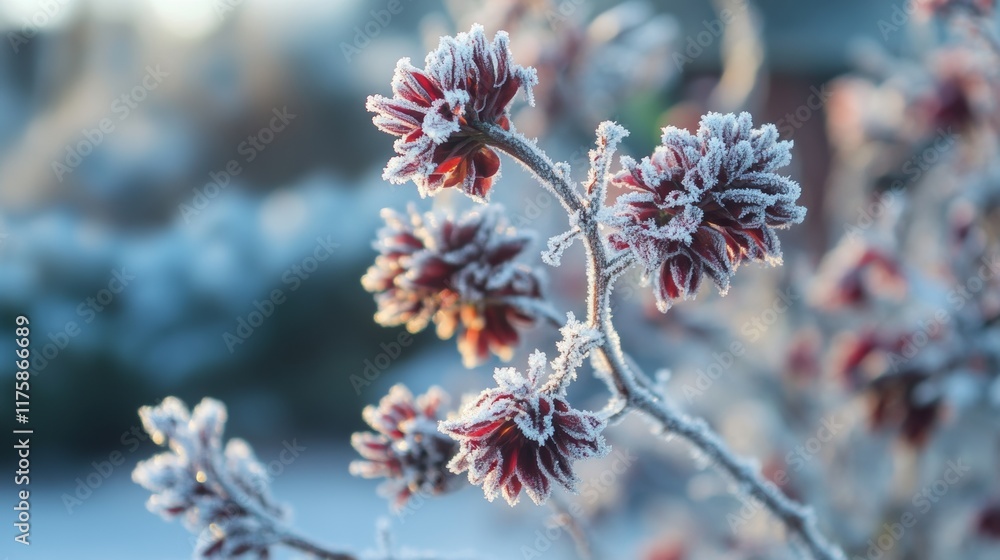 Chrysanthemum bush with burgundy blooms covered in frost, signaling the arrival of winter with blurred background aesthetics. Chrysanthemum bush with burgundy blooms covered in frost, signaling the arrival of winter with blurred background aesthetics.