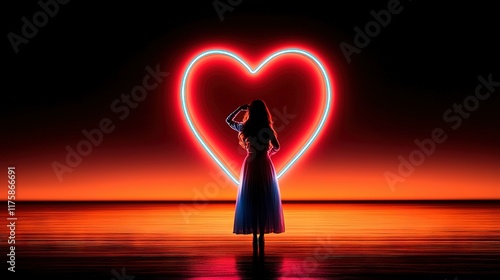   A woman stands before a heart, her silhouette painted in light, reminiscent of a heart-shaped figure photo