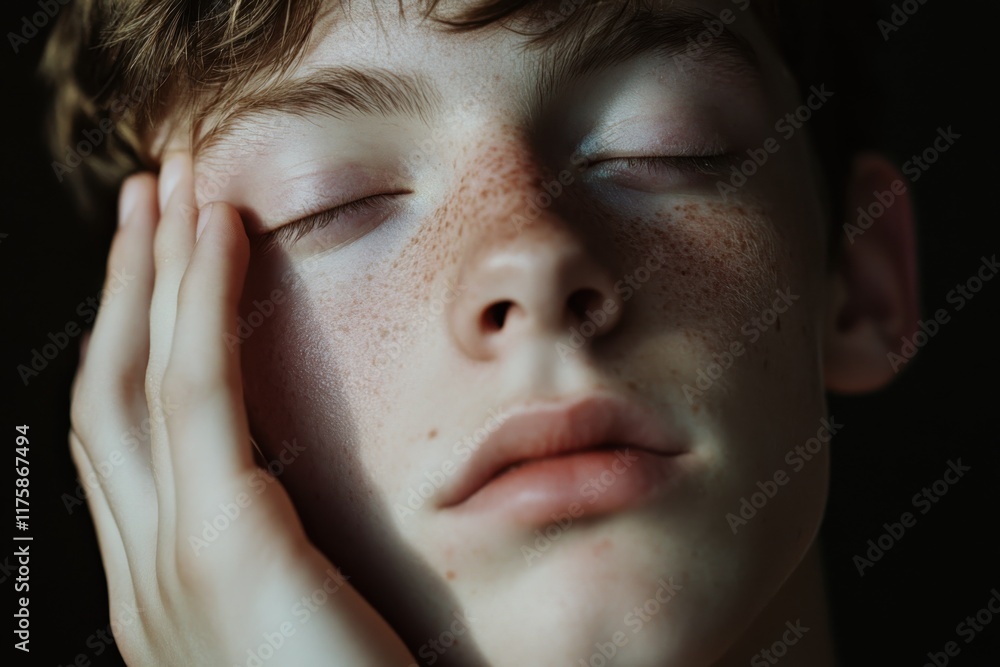 Fototapeta premium Close-Up Portrait of a Teenager Boy Touching His Face.