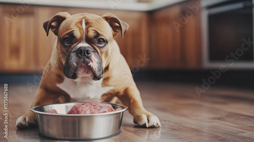 Happy joyful dog sitting near silver bowl with raw meat food meal on floor indoor for domestic pet, copy space. fresh tasty puppy healthy eat nutrition, hungry animal, portion, appetite, kitchen. photo