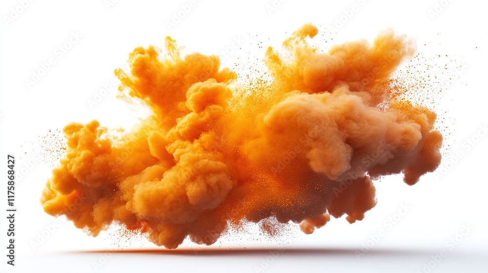 Orange and yellow fire explosion cloud isolated on white background. abstract dust spray motion, flying burst effect, splatter blast, cloud of smoke, particles, scattered. Orange and yellow fire explosion cloud isolated on white background. abstract dust spray motion, flying burst effect, splatter blast, cloud of smoke, particles, scattered.