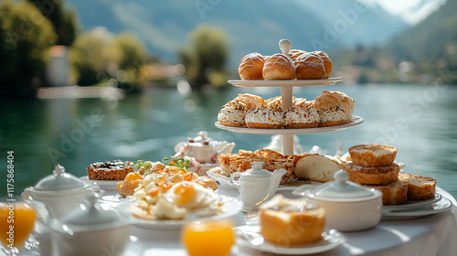 A wide-angle view on a sunny summer morning captures a vibrant vacation brunch spread on a hotel suite's private terrace featuring an array of delicious dishes that exude luxury and indulgence

