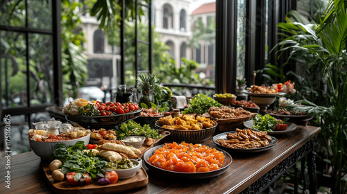 A wide-angle view on a sunny summer morning captures a vibrant vacation brunch spread on a hotel suite's private terrace featuring an array of delicious dishes that exude luxury and indulgence

