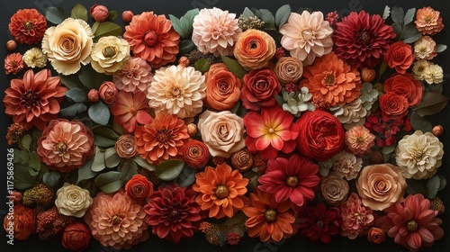 Wallpaper Mural Autumnal floral arrangement with dahlias, roses, and ranunculus in warm tones. Torontodigital.ca