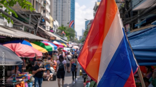 Lively outdoor market scene with national flag and busy crowds on a sunny day in urban setting photo