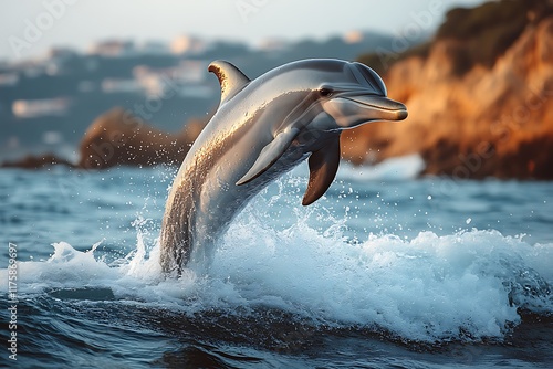 Striped Dolphin Leaps from Ocean Waves at Sunset photo