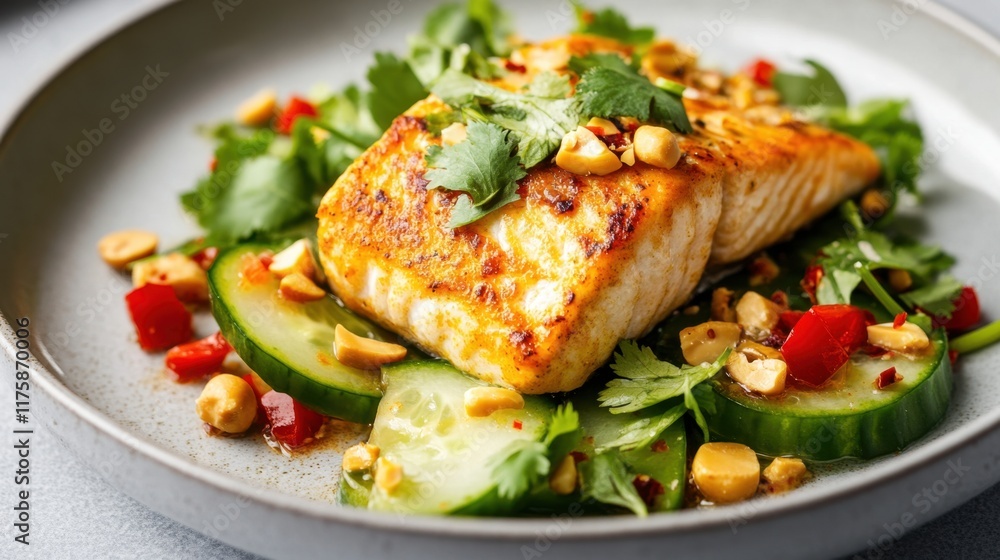 Grilled salmon salad with fresh herbs, peanuts, and crisp vegetables Grilled salmon salad with fresh herbs, peanuts, and crisp vegetables