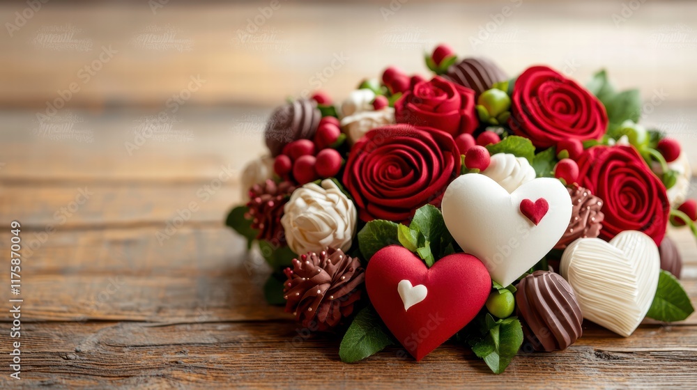 Paper Valentine hearts with red roses in a bouquet, symbolizing love, affection, and romance. Paper Valentine hearts with red roses in a bouquet, symbolizing love, affection, and romance.