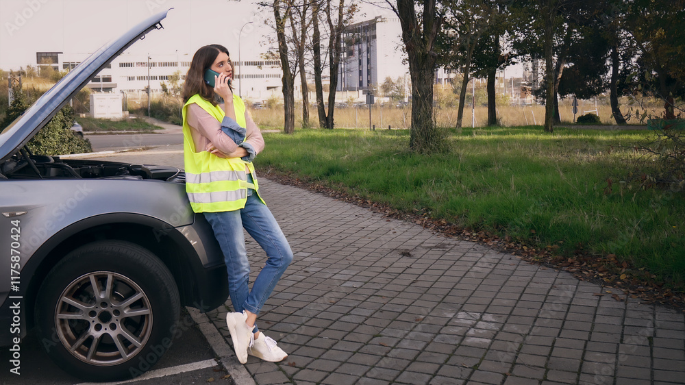Woman driver calling for help with broken down car