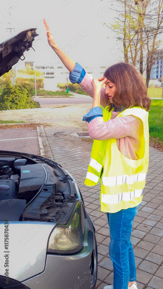 Stressed woman calling for help with her broken car