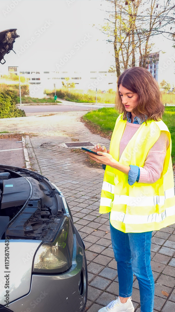 Woman requesting help for broken down vehicle by cell phone