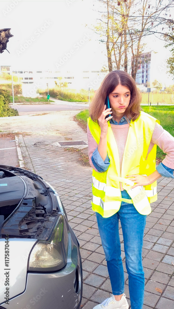 Woman driver calling for help with broken down car