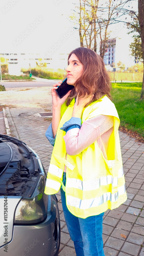 Roadside assistance: woman calling for help with broken down car
