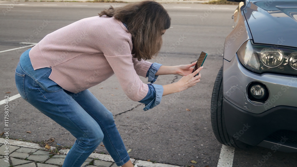 Woman photographing damage to car with smartphone for insurance claim