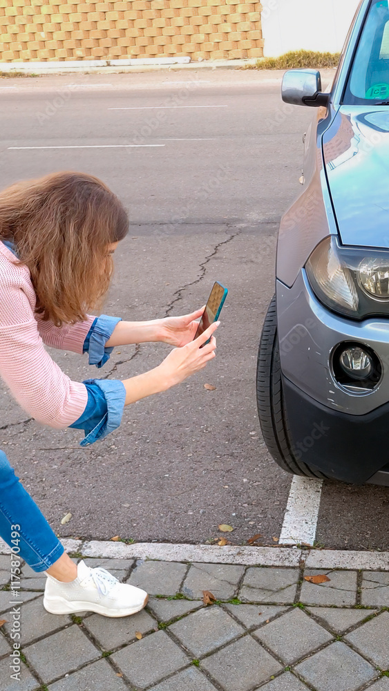Woman taking pictures of car damage for insurance claim after accident