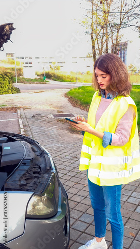 Woman requesting help for broken down vehicle by cell phone