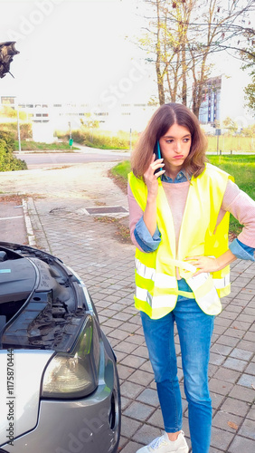 Woman driver calling for help with broken down car