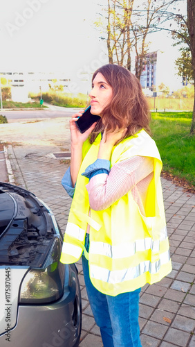 Obraz na płótnie Roadside assistance: woman calling for help with broken down car w salonie